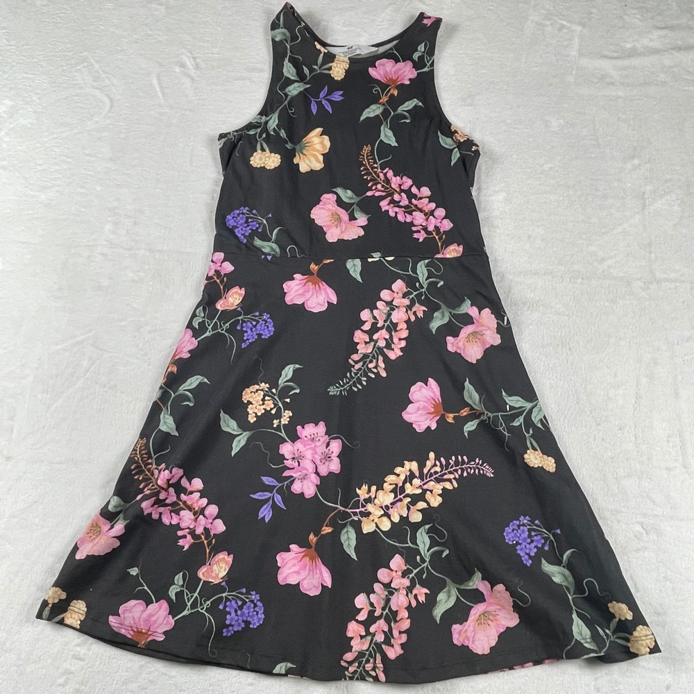 HM Girls Black Pink Floral Sleeveless Skater Dress Cotton Size 12/14